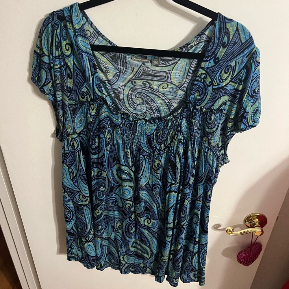 🖤 2X Apt. 9 Blue and Green Relaxed Pleated Paisley Blouse